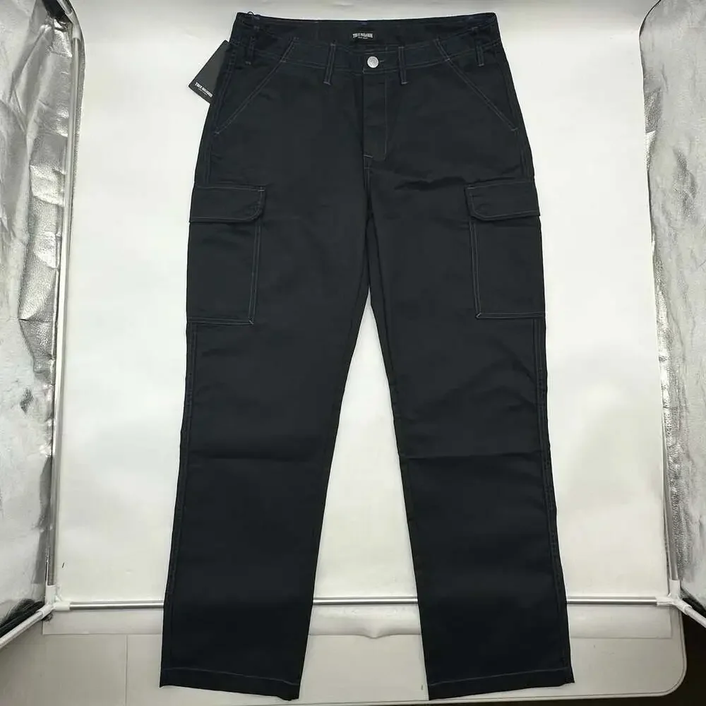True Religion Size 34 Jet Black Pacific Blue Stitch Flap Baggy Cargo Pants NWT